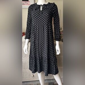 M&S Collection Midi Dress Ruffled Collar with White Polka Dots Black Base Size 4
